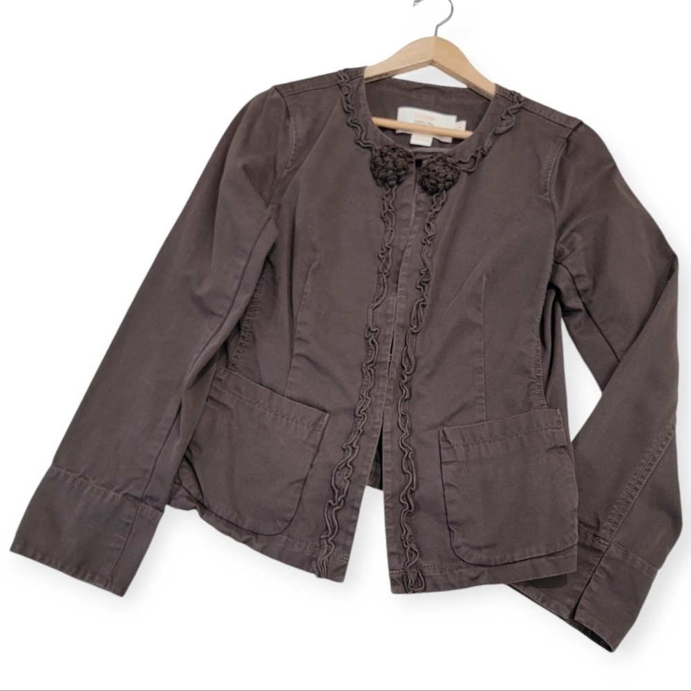 J. Crew Brown Jacket Classic Twill Chino Size 6 Ruffles and Flower